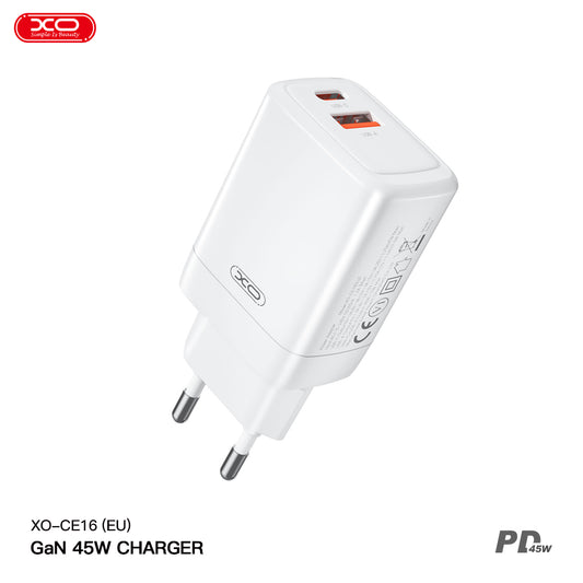 Мрежово зарядно устройство XO Design CE16, 45W, 3A, 1 x USB-A - 1 x USB-C, бяло