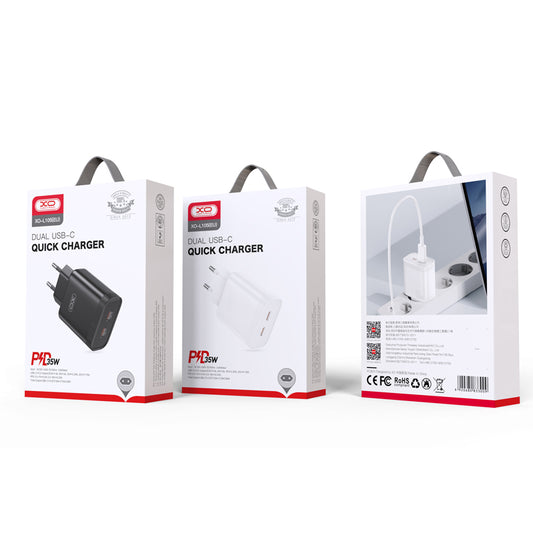 Мрежово зарядно устройство XO Design L105, 35W, 3A, 2 x USB-C, бяло