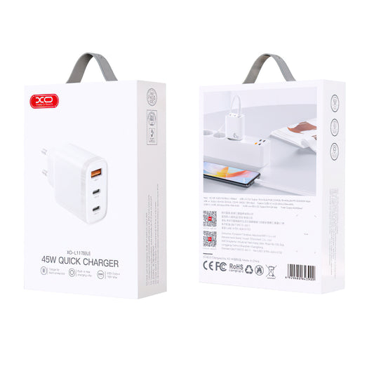 Мрежово зарядно устройство XO Design L117, 45W, 3A, 1 x USB-A - 2 x USB-C, бяло