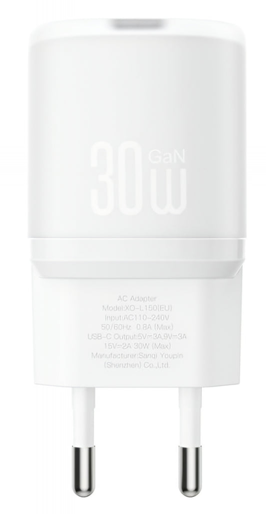 Зарядно устройство за мрежа XO Design L150, 30W, 3A, 1 x USB-C, Бяло