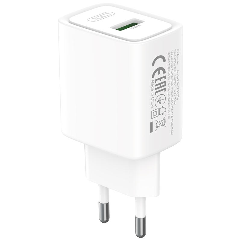 Мрежово зарядно XO Design CE50, 18 W, 3 A, 1 x USB-A, бяло