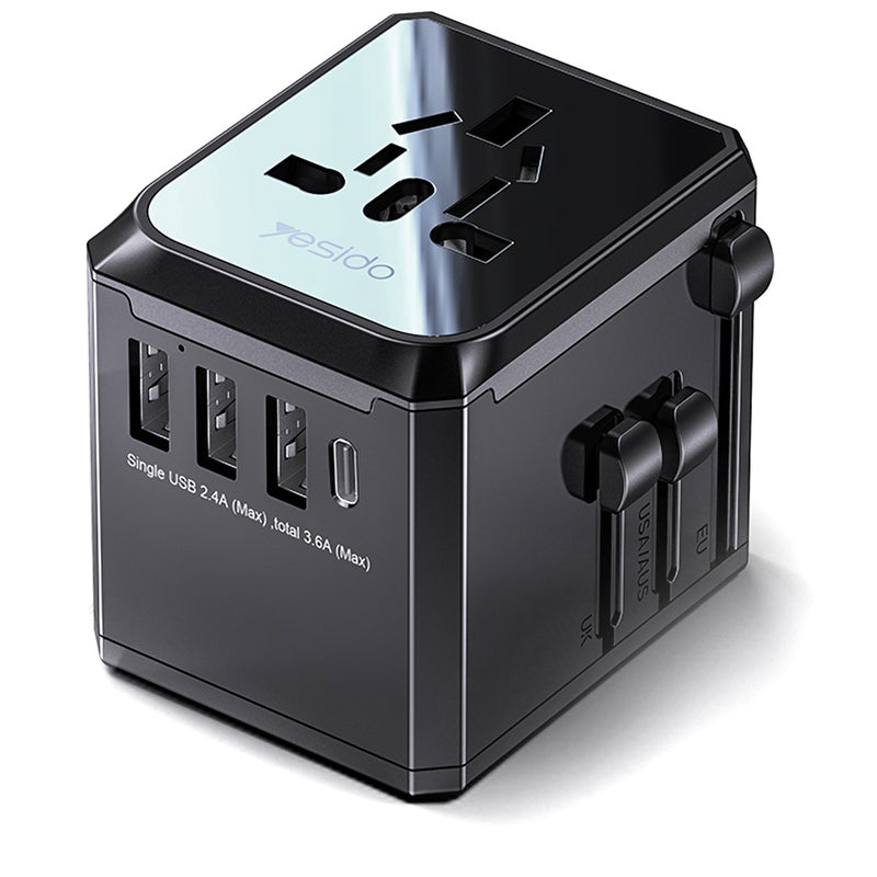 Зарядно за мрежа Yesido MC10 Travel, 12W, 2.4A, 1 x USB-C - 3 x USB-A, Черно