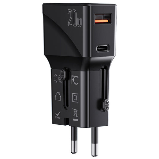 Мрежово зарядно устройство Yesido MC17 Travel, 20W, 3A, 1 x USB-A - 1 x USB-C, черно