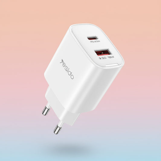 Yesido YC02E Network Charger, 20W, 3A, 1 x USB-A - 1 x USB-C, White