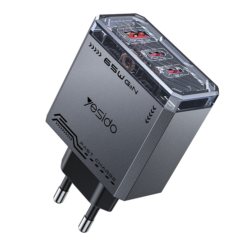 Зарядно устройство за мрежа Yesido YC101, 65W, 3.25A, 1 x USB-A - 2 x USB-C, Черно