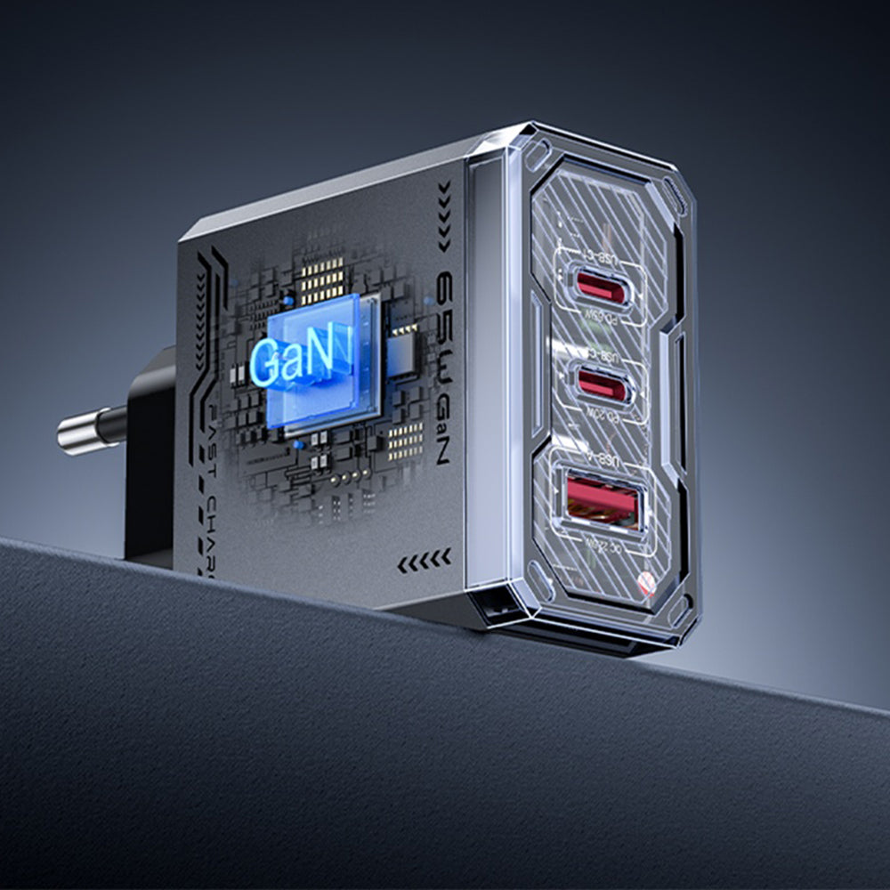 Зарядно устройство за мрежа Yesido YC101, 65W, 3.25A, 1 x USB-A - 2 x USB-C, Черно