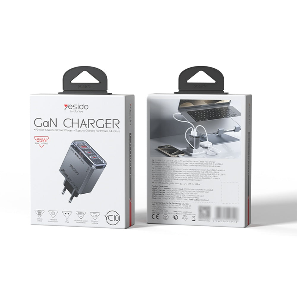 Зарядно устройство за мрежа Yesido YC101, 65W, 3.25A, 1 x USB-A - 2 x USB-C, Черно