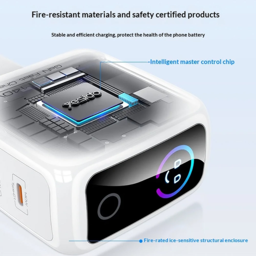 Мрежово зарядно Yesido YC114 с дисплей, 140W, 5A, 1 x USB-A - 2 x USB-C, бяло