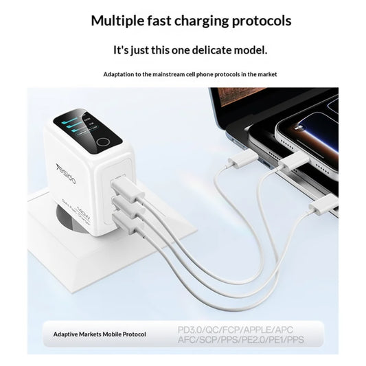 Мрежово зарядно Yesido YC114 с дисплей, 140W, 5A, 1 x USB-A - 2 x USB-C, бяло