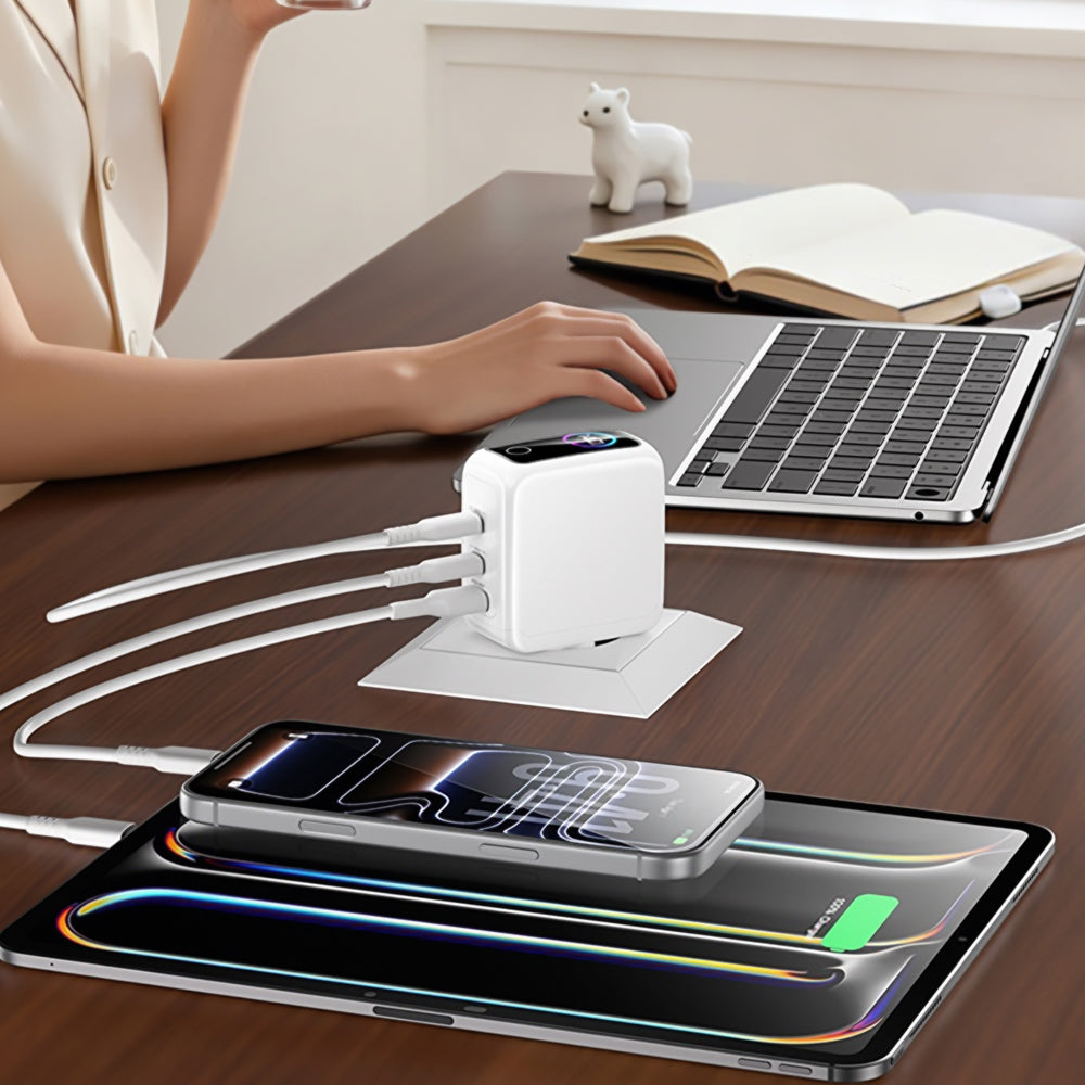 Мрежово зарядно Yesido YC114 с дисплей, 140W, 5A, 1 x USB-A - 2 x USB-C, бяло