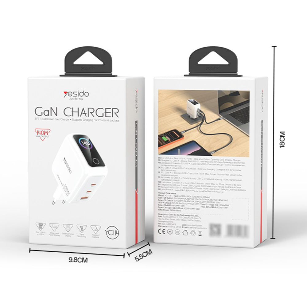 Мрежово зарядно Yesido YC114 с дисплей, 140W, 5A, 1 x USB-A - 2 x USB-C, бяло