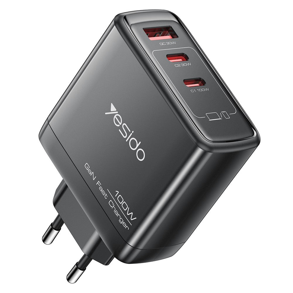 Зарядно за мрежа Yesido YC142, 100W, 5A, 1 x USB-A - 2 x USB-C, Черно