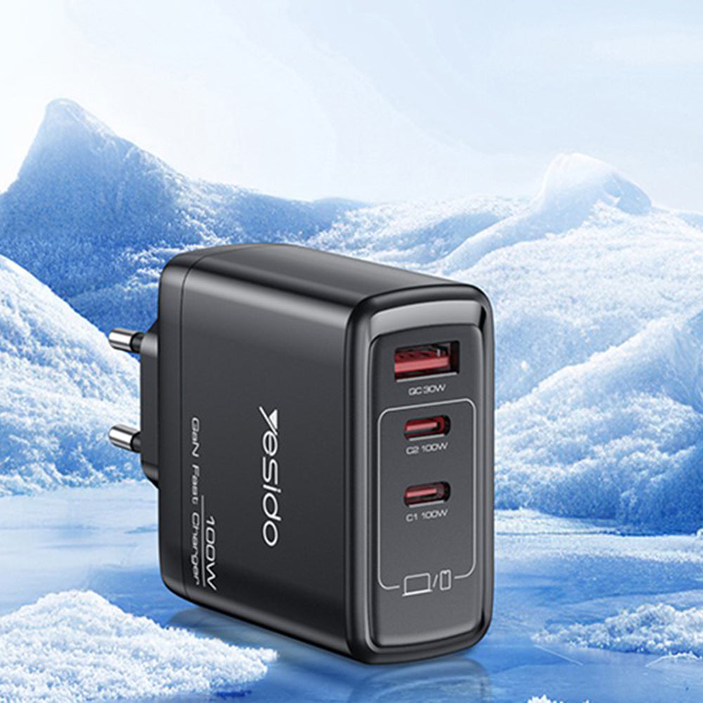 Зарядно за мрежа Yesido YC142, 100W, 5A, 1 x USB-A - 2 x USB-C, Черно