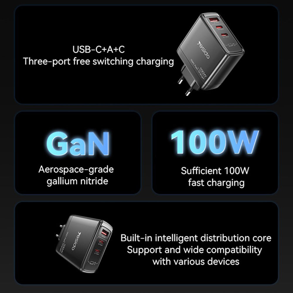 Зарядно за мрежа Yesido YC142, 100W, 5A, 1 x USB-A - 2 x USB-C, Черно
