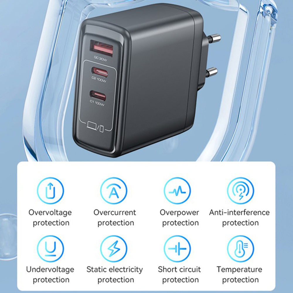 Зарядно за мрежа Yesido YC142, 100W, 5A, 1 x USB-A - 2 x USB-C, Черно