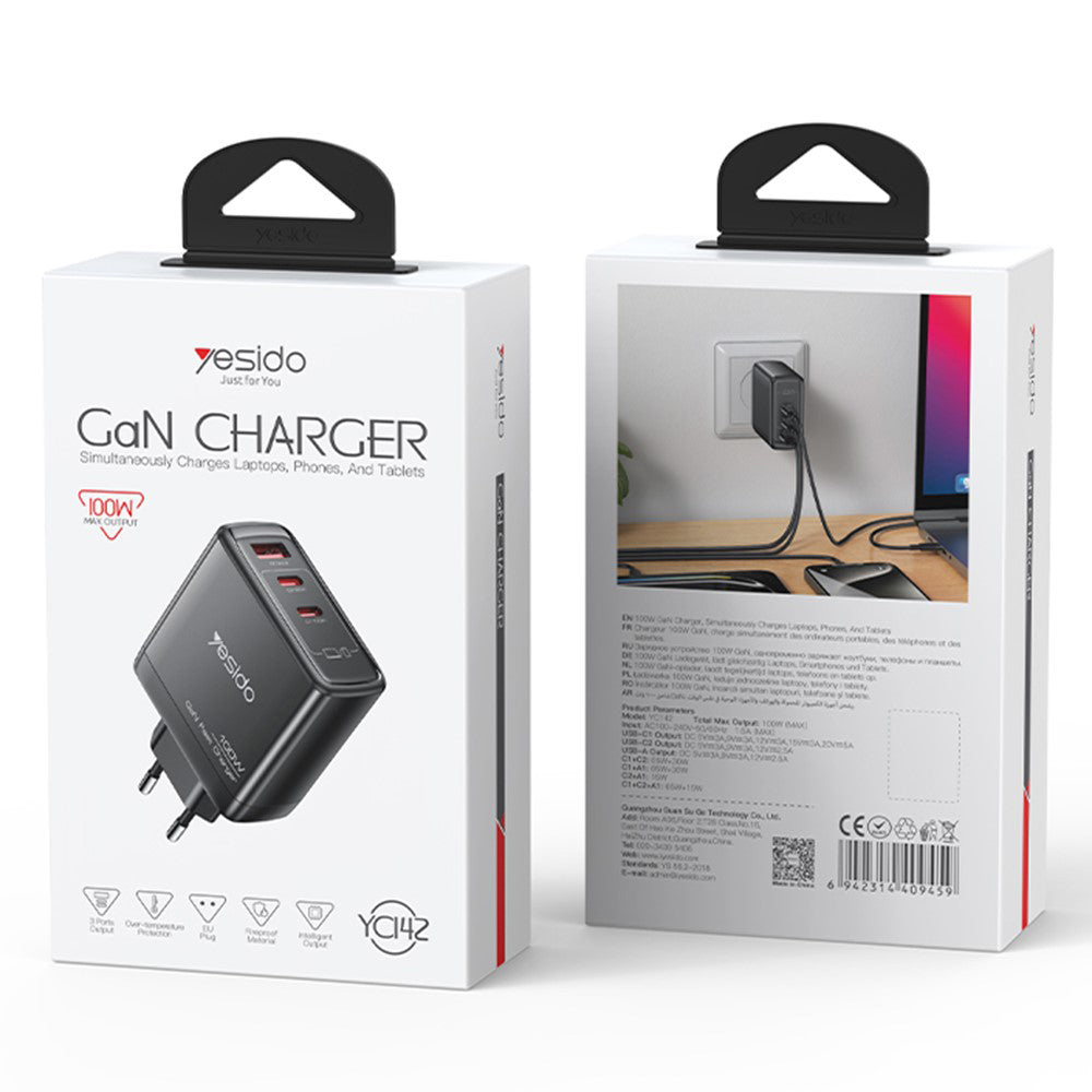 Зарядно за мрежа Yesido YC142, 100W, 5A, 1 x USB-A - 2 x USB-C, Черно
