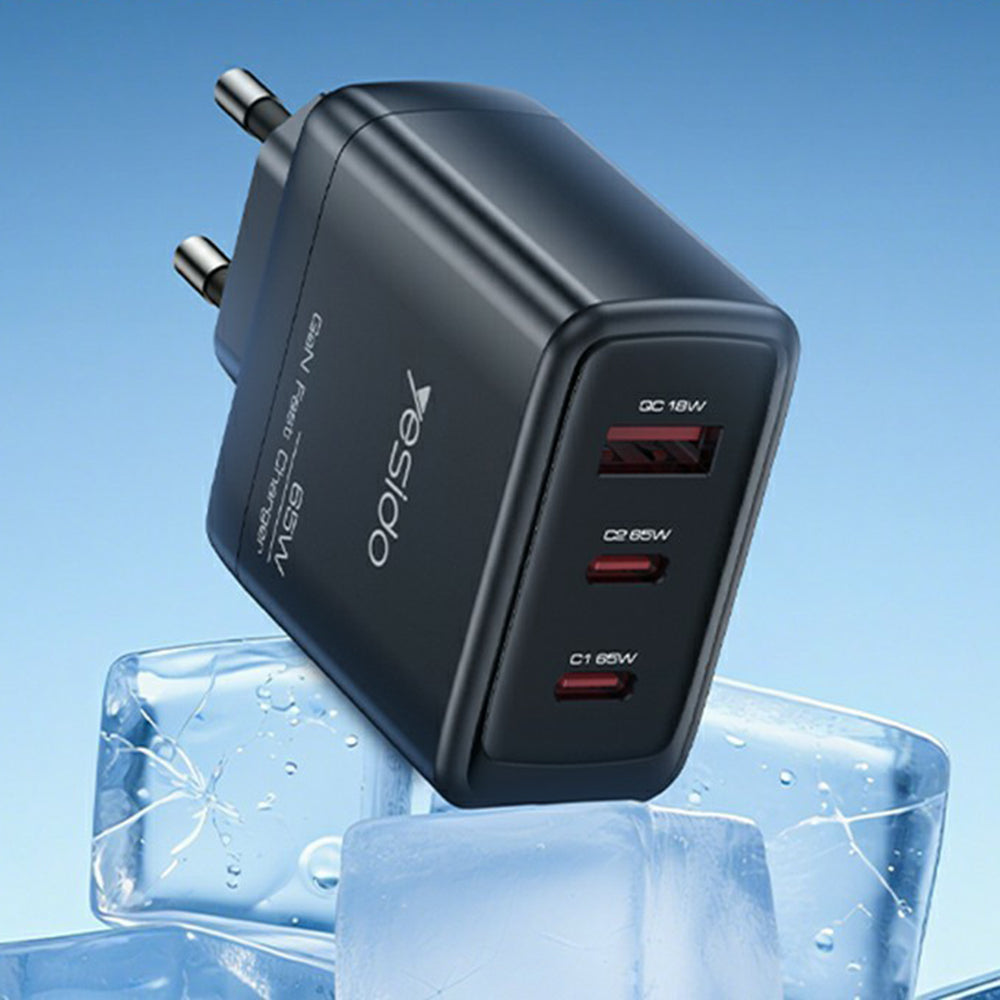 Мрежов зарядно Yesido YC144, 65W, 3.25A, 1 x USB-A - 2 x USB-C, Черно