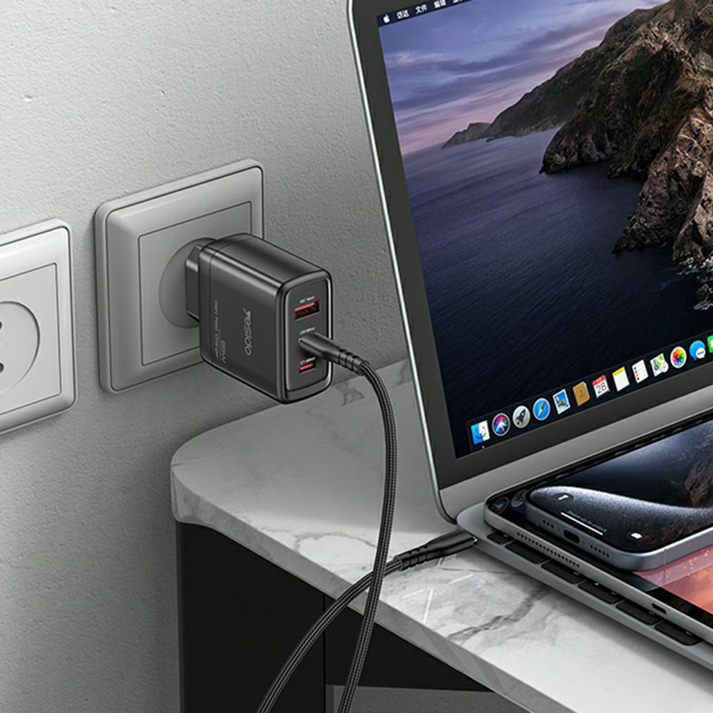 Мрежов зарядно Yesido YC144, 65W, 3.25A, 1 x USB-A - 2 x USB-C, Черно