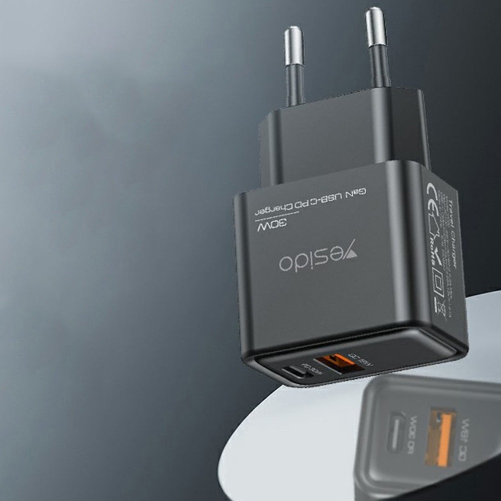 Зарядно устройство за мрежа Yesido YC64, 30W, 3A, 1 x USB-A - 1 x USB-C, Черно