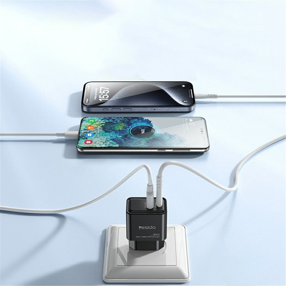 Зарядно устройство за мрежа Yesido YC64, 30W, 3A, 1 x USB-A - 1 x USB-C, Черно