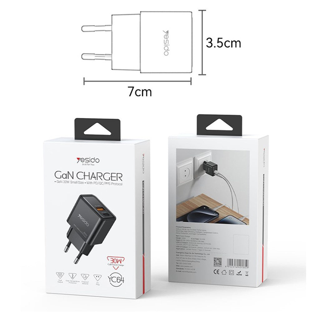 Зарядно устройство за мрежа Yesido YC64, 30W, 3A, 1 x USB-A - 1 x USB-C, Черно