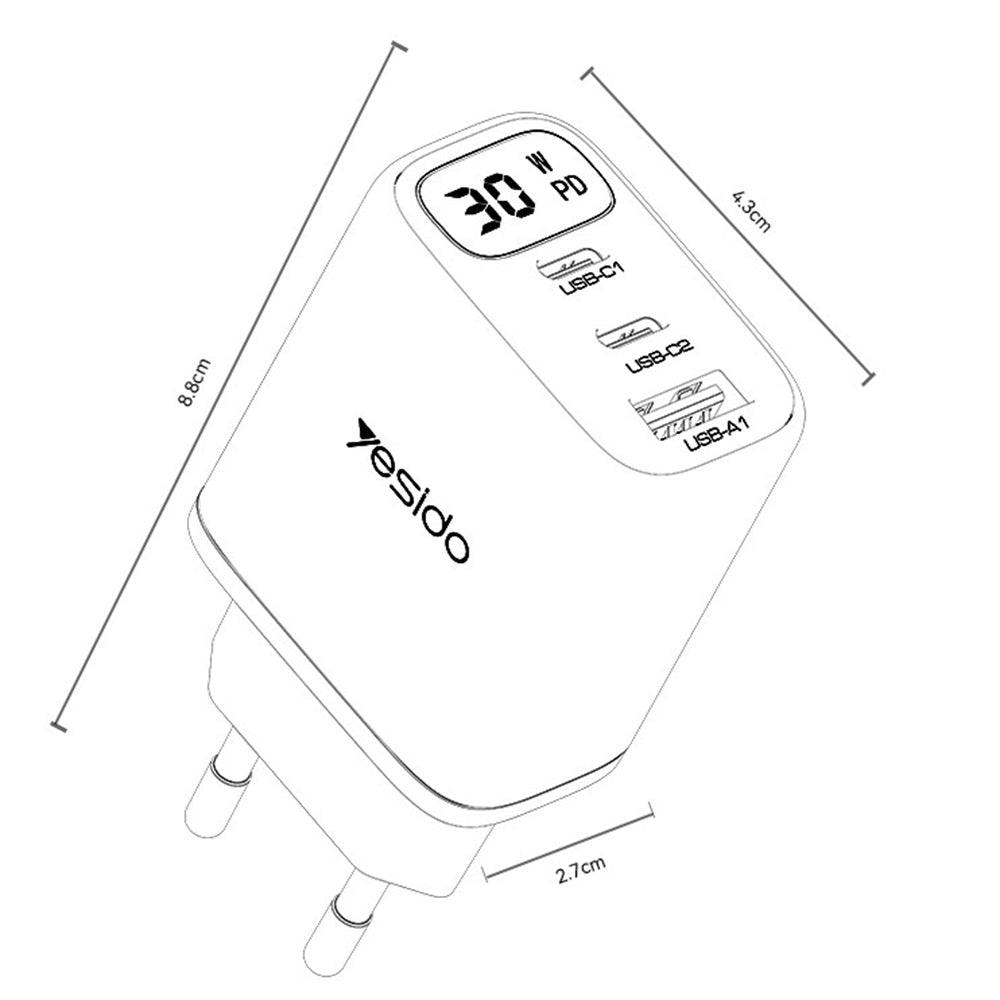 Зарядно устройство за мрежа Yesido YC69 Display, 30W, 3A, 1 x USB-A - 2 x USB-C, Черно