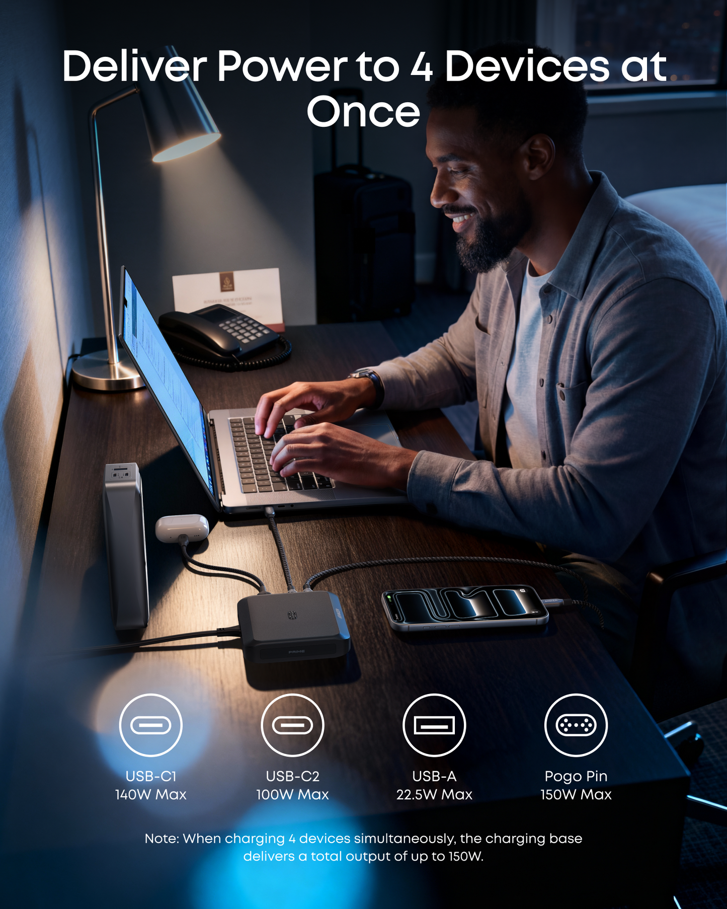 Anker Charging Dock for Prime External Battery, 150W, 5A, 1 x Pogo Pin - 1 x USB-A - 2 x USB-C, Black A1903G11