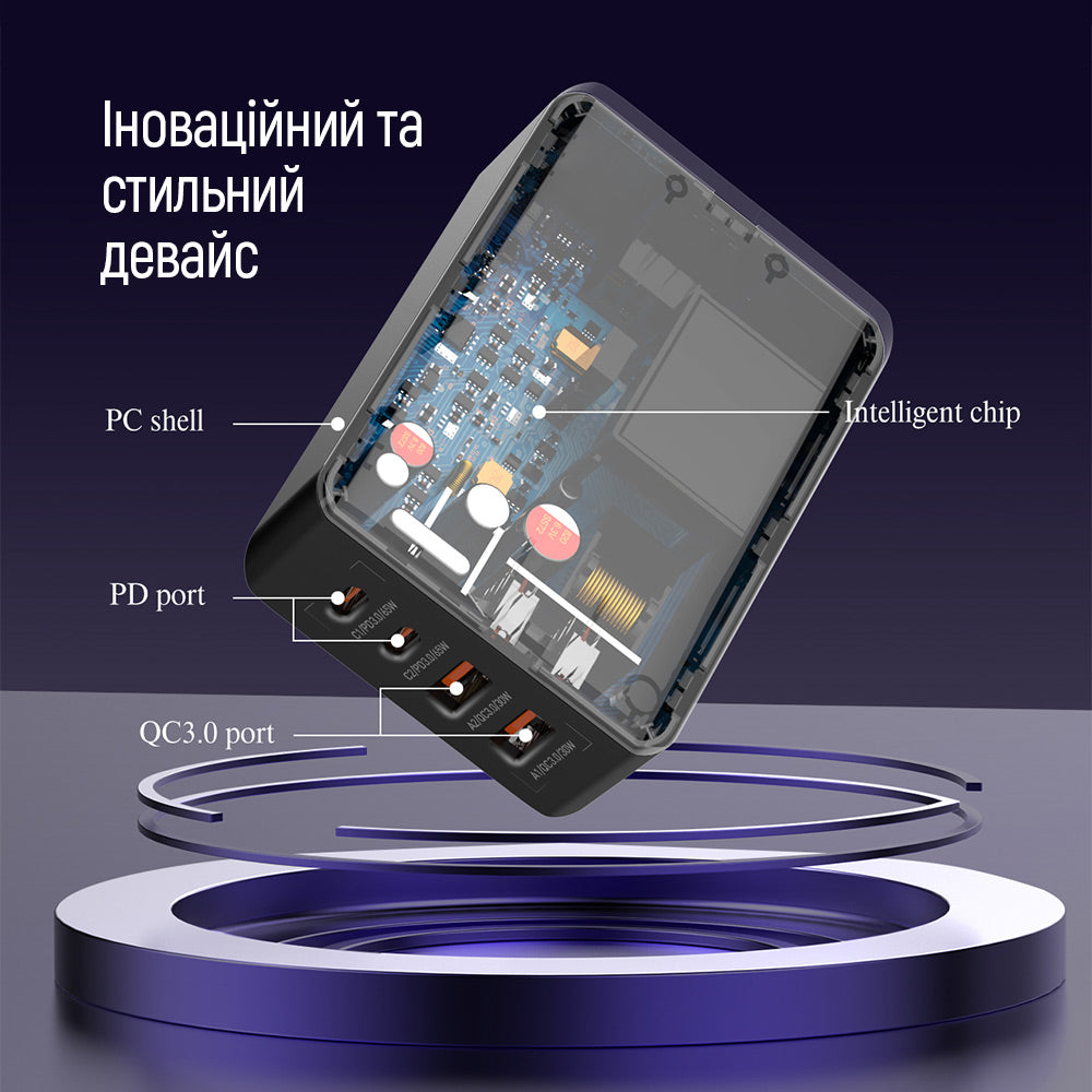 Зарядно устройство ColorWay Display, 65W, 3.25A, 2 x USB-A - 2 x USB-C, Черно