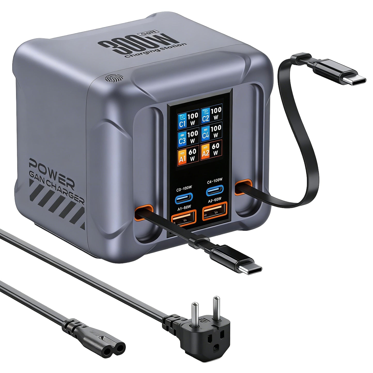 Зарядна станция с USB-C кабел OEM HW866, 300W, 5A, 2 x USB-A - 2 x USB-C, Сива
