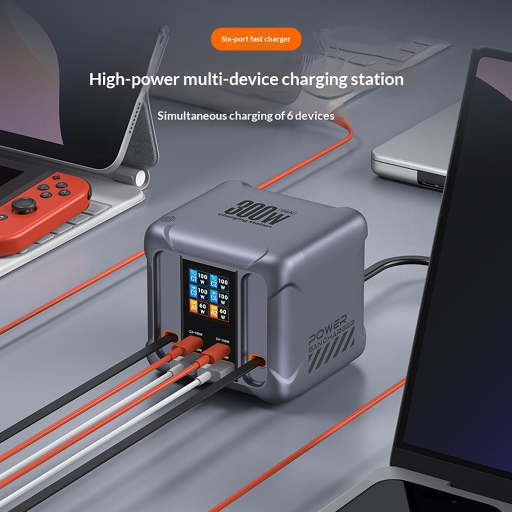 Зарядна станция с USB-C кабел OEM HW866, 300W, 5A, 2 x USB-A - 2 x USB-C, Сива