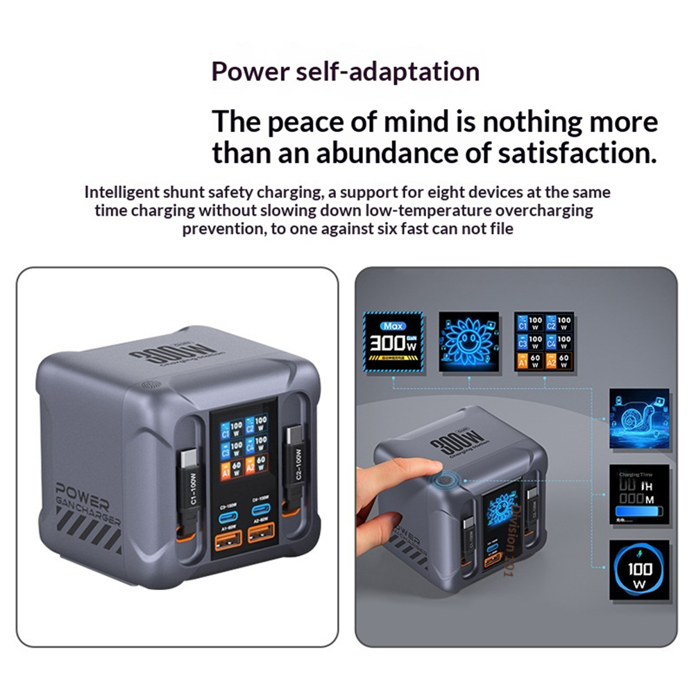 Зарядна станция с USB-C кабел OEM HW866, 300W, 5A, 2 x USB-A - 2 x USB-C, Сива