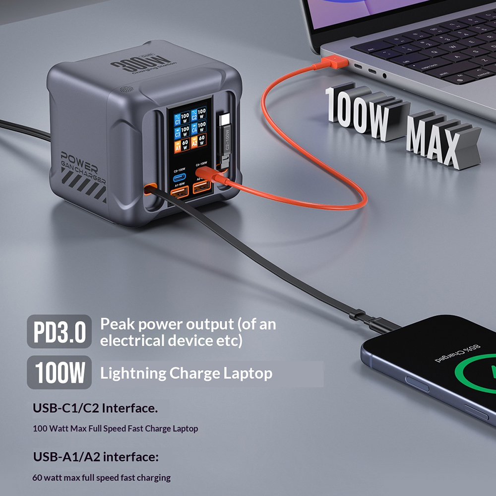 Зарядна станция с USB-C кабел OEM HW866, 300W, 5A, 2 x USB-A - 2 x USB-C, Сива