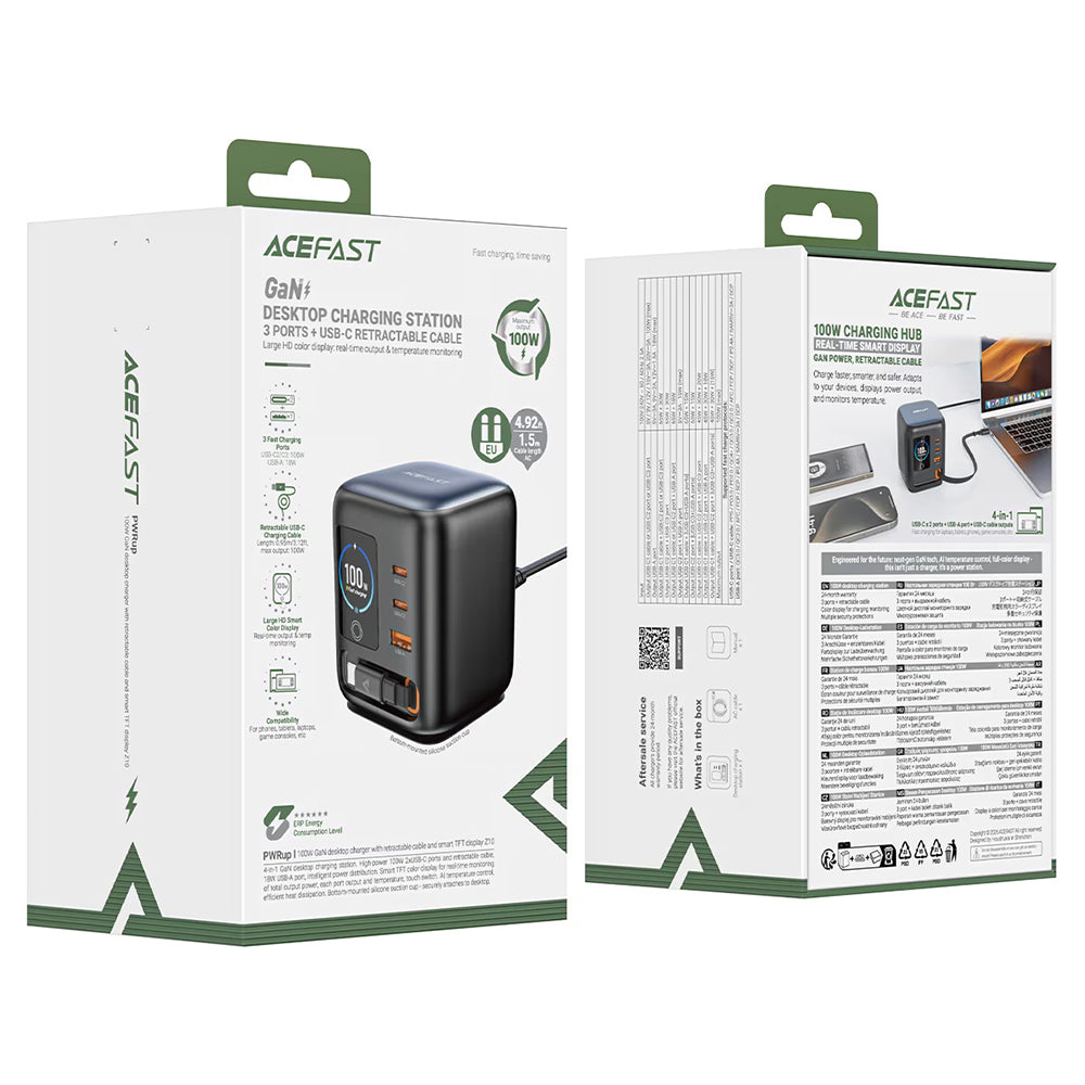 Зарядно устройство с USB-C кабел Acefast Z10, 100W, 1 x USB-A - 2 x USB-C, Черно