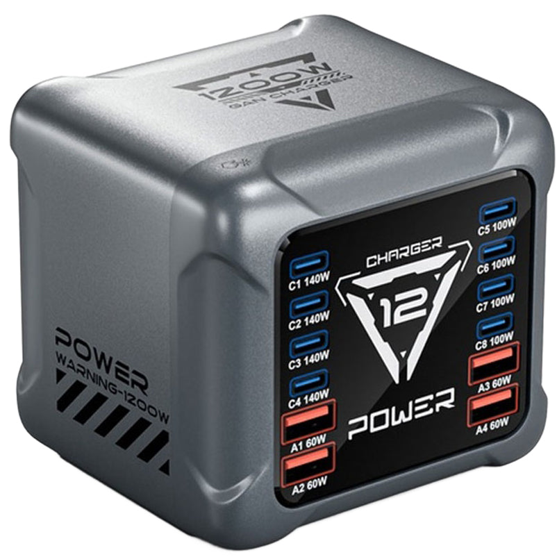 Зарядно устройство OEM BK-127D, 280W, 5A, 4 x USB-A - 8 x USB-C, Сиво