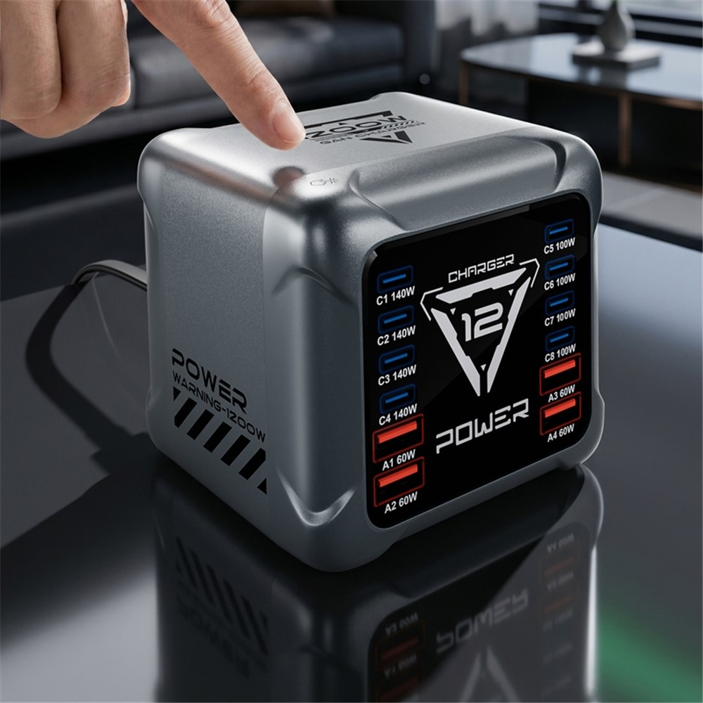 Зарядно устройство OEM BK-127D, 280W, 5A, 4 x USB-A - 8 x USB-C, Сиво