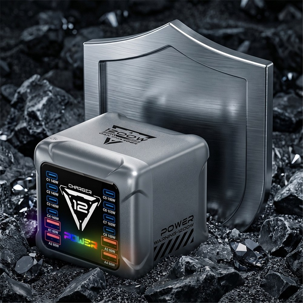 Зарядно устройство OEM BK-127D, 280W, 5A, 4 x USB-A - 8 x USB-C, Сиво