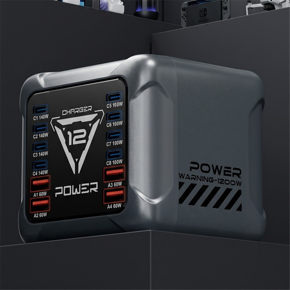 Зарядно устройство OEM BK-127D, 280W, 5A, 4 x USB-A - 8 x USB-C, Сиво