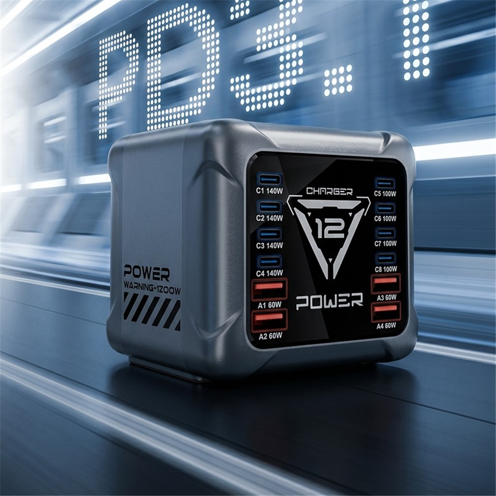 Зарядно устройство OEM BK-127D, 280W, 5A, 4 x USB-A - 8 x USB-C, Сиво