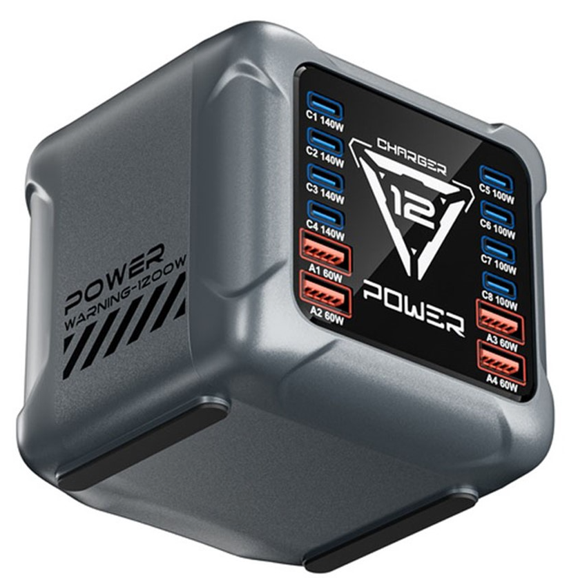 Зарядно устройство OEM BK-127D, 280W, 5A, 4 x USB-A - 8 x USB-C, Сиво