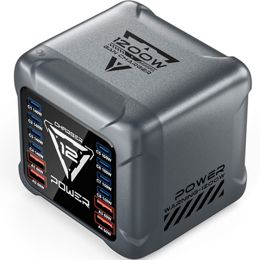 Зарядно устройство OEM BK-127D, 280W, 5A, 4 x USB-A - 8 x USB-C, Сиво