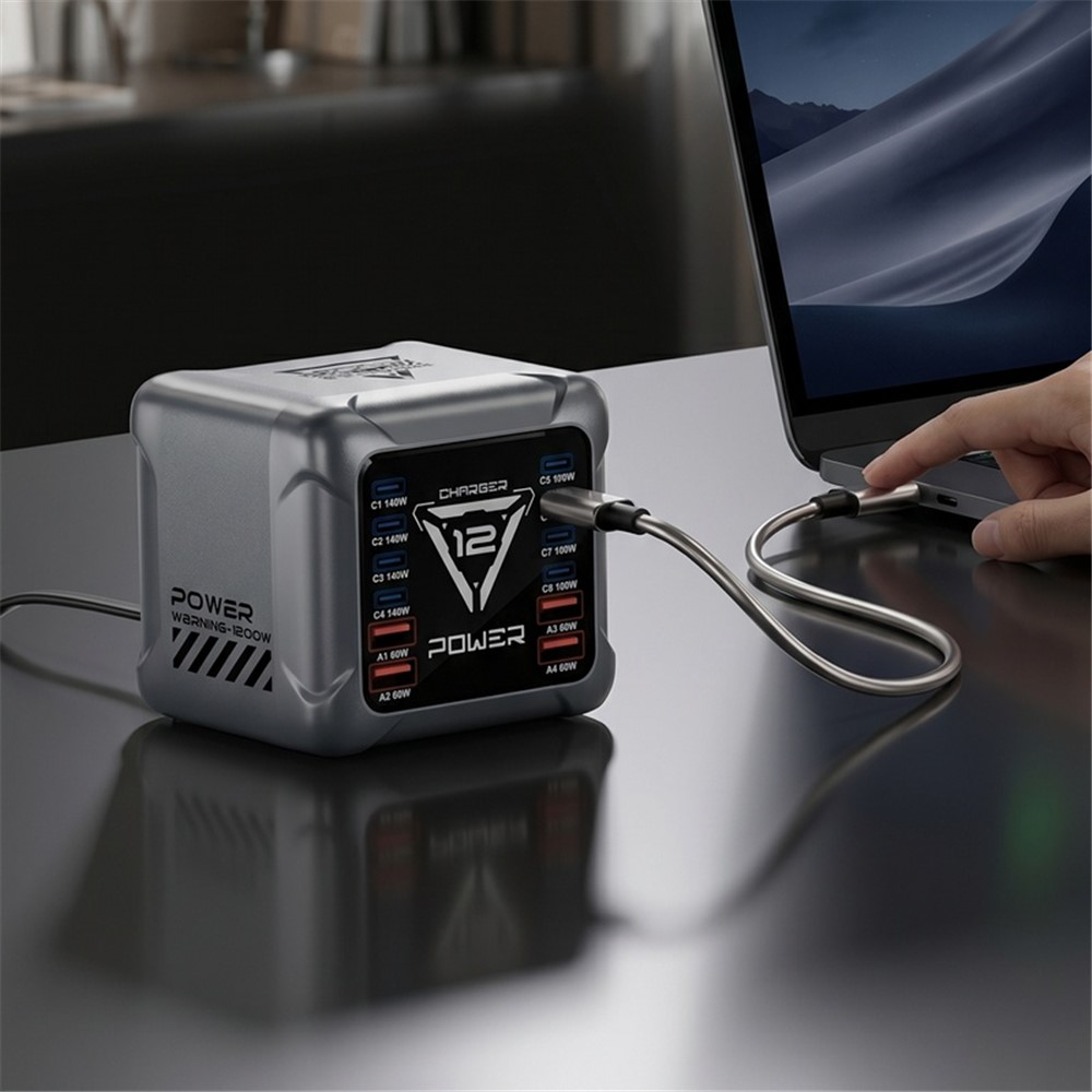Зарядно устройство OEM BK-127D, 280W, 5A, 4 x USB-A - 8 x USB-C, Сиво