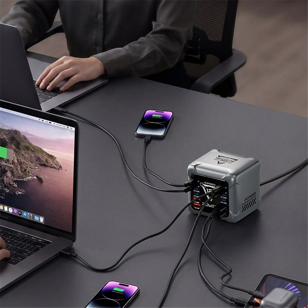 Зарядно устройство OEM BK-127D, 280W, 5A, 4 x USB-A - 8 x USB-C, Сиво