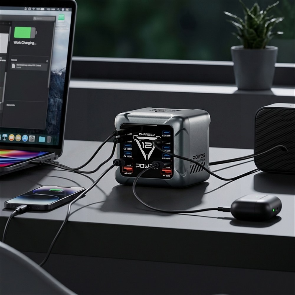 Зарядно устройство OEM BK-127D, 280W, 5A, 4 x USB-A - 8 x USB-C, Сиво