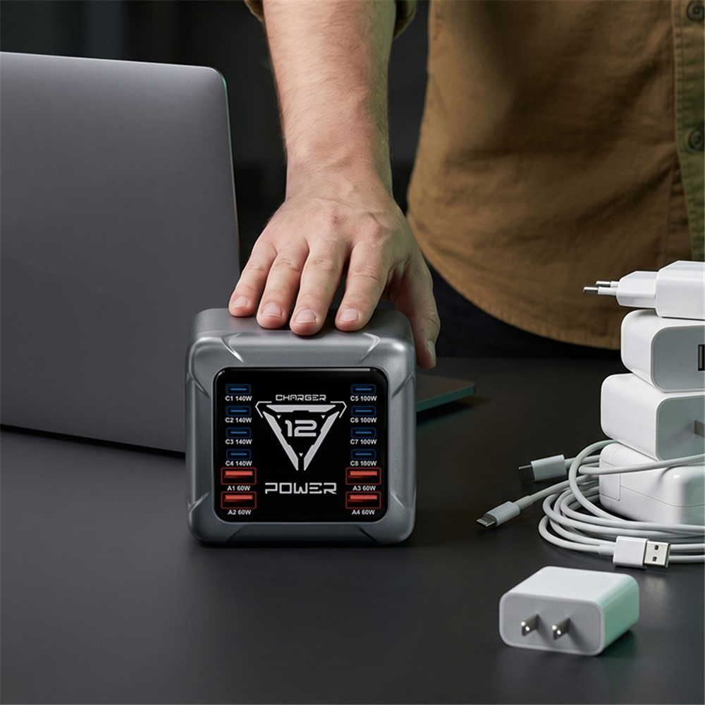 Зарядно устройство OEM BK-127D, 280W, 5A, 4 x USB-A - 8 x USB-C, Сиво