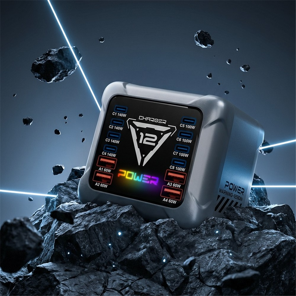 Зарядно устройство OEM BK-127D, 280W, 5A, 4 x USB-A - 8 x USB-C, Сиво