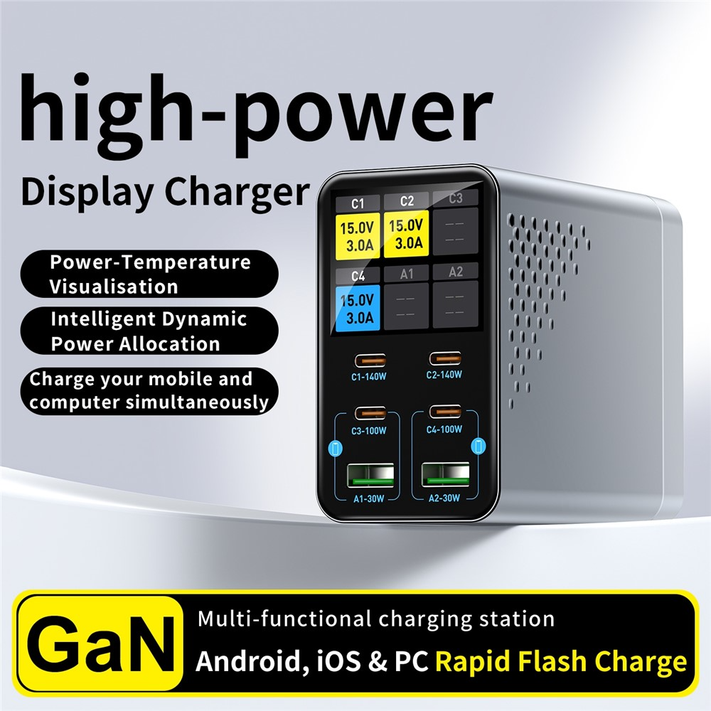Зарядно устройство OEM WLX-G3, 140W, 5A, 2 x USB-A - 4 x USB-C, Сиво