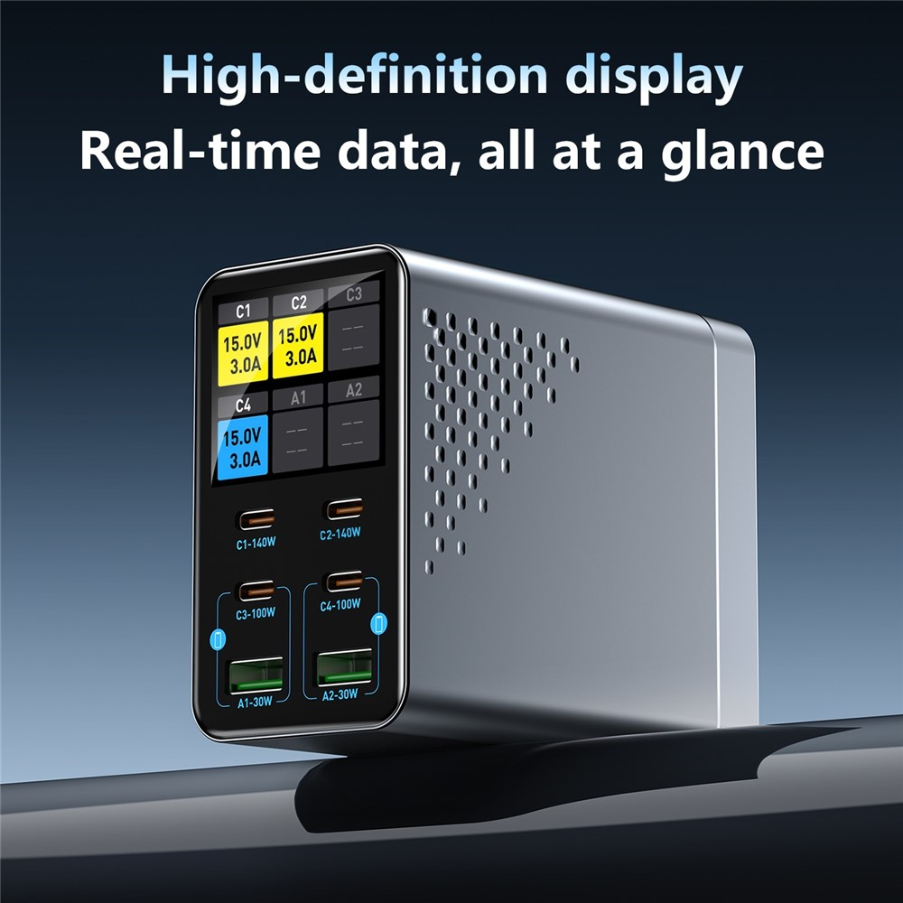 Зарядно устройство OEM WLX-G3, 140W, 5A, 2 x USB-A - 4 x USB-C, Сиво