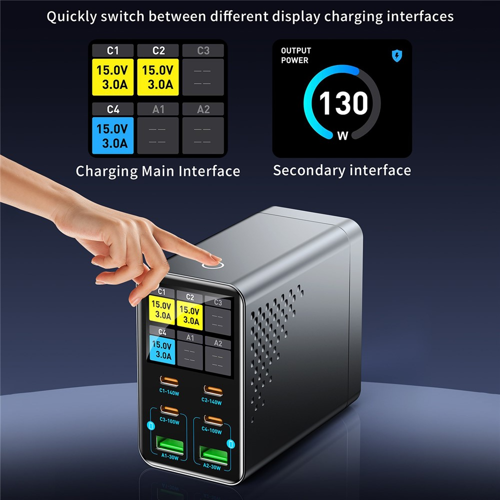 Зарядно устройство OEM WLX-G3, 140W, 5A, 2 x USB-A - 4 x USB-C, Сиво