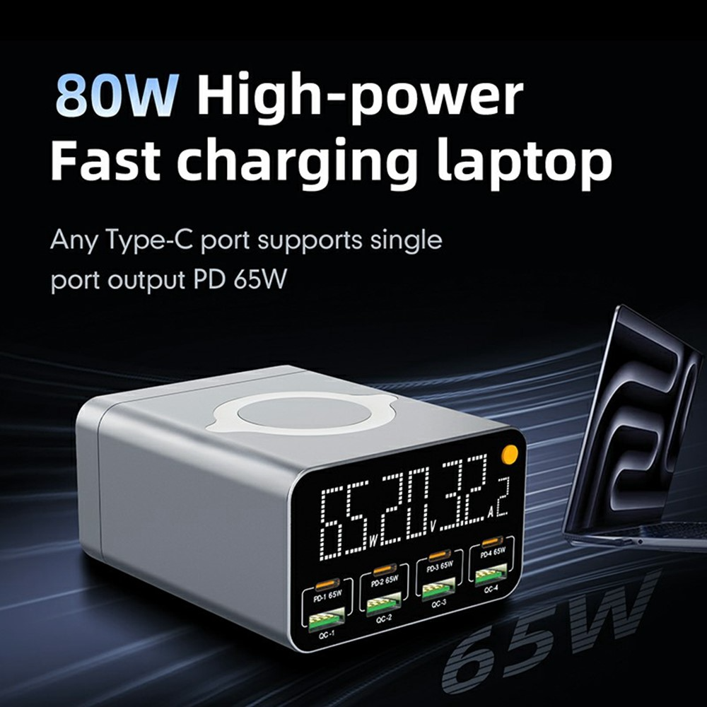 Зарядно устройство OEM WLX-M3 QI, 80W, 4 x USB-A - 4 x USB-C, Сиво