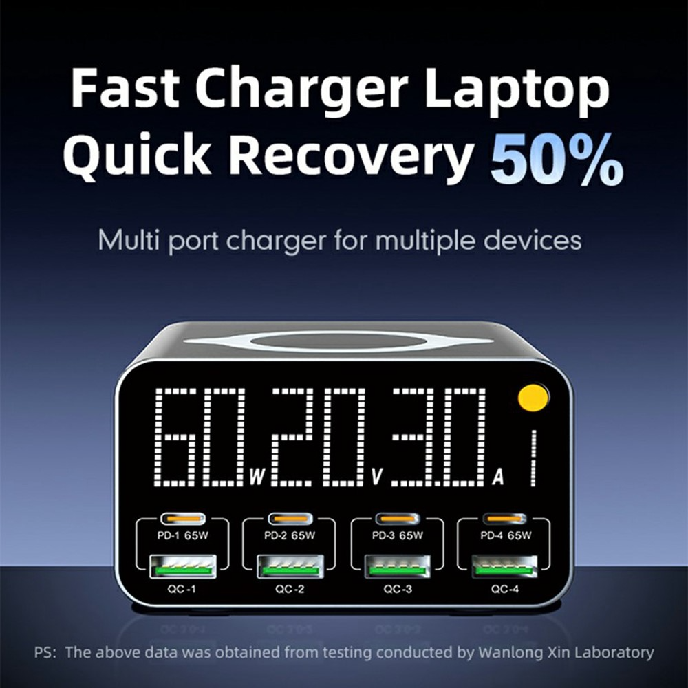 Зарядно устройство OEM WLX-M3 QI, 80W, 4 x USB-A - 4 x USB-C, Сиво
